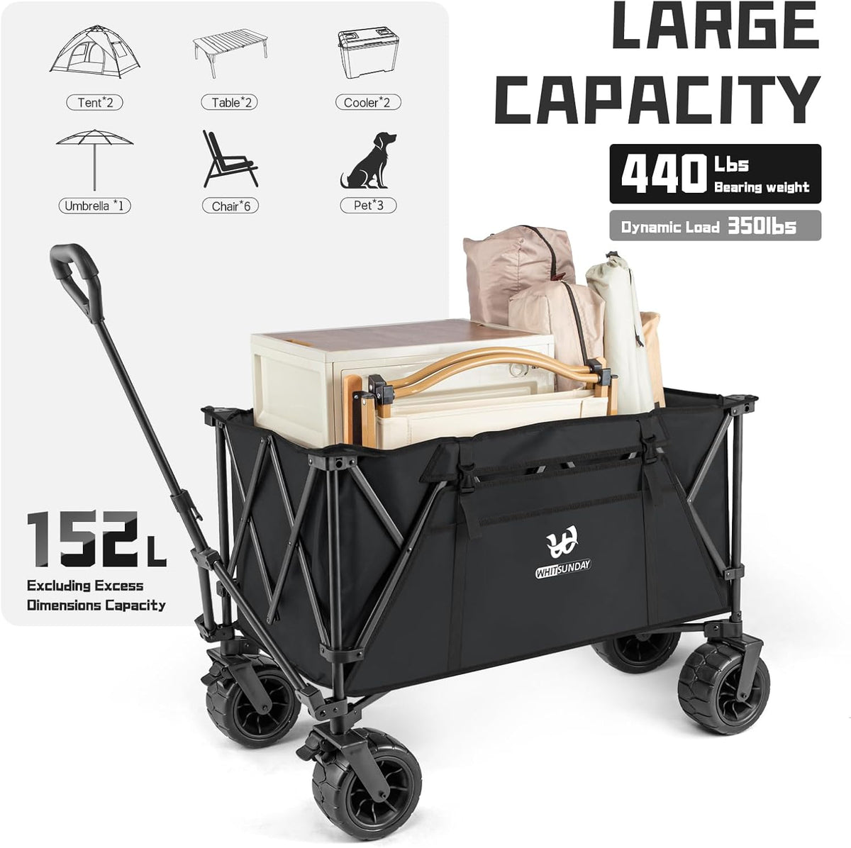 Whitsunday Heavy Duty Collapsible Wagon, 440Lbs Folding Beach Wagon Cart, All Terrain Wheel & Extra