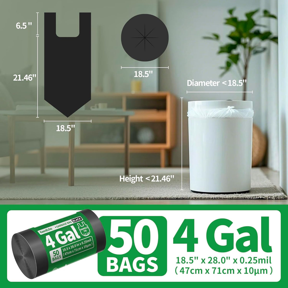 Small Trash Bags with Handles 4 Gallon 50 Count Black - Ocean Plastic Upcycling - Plastic Garbage
