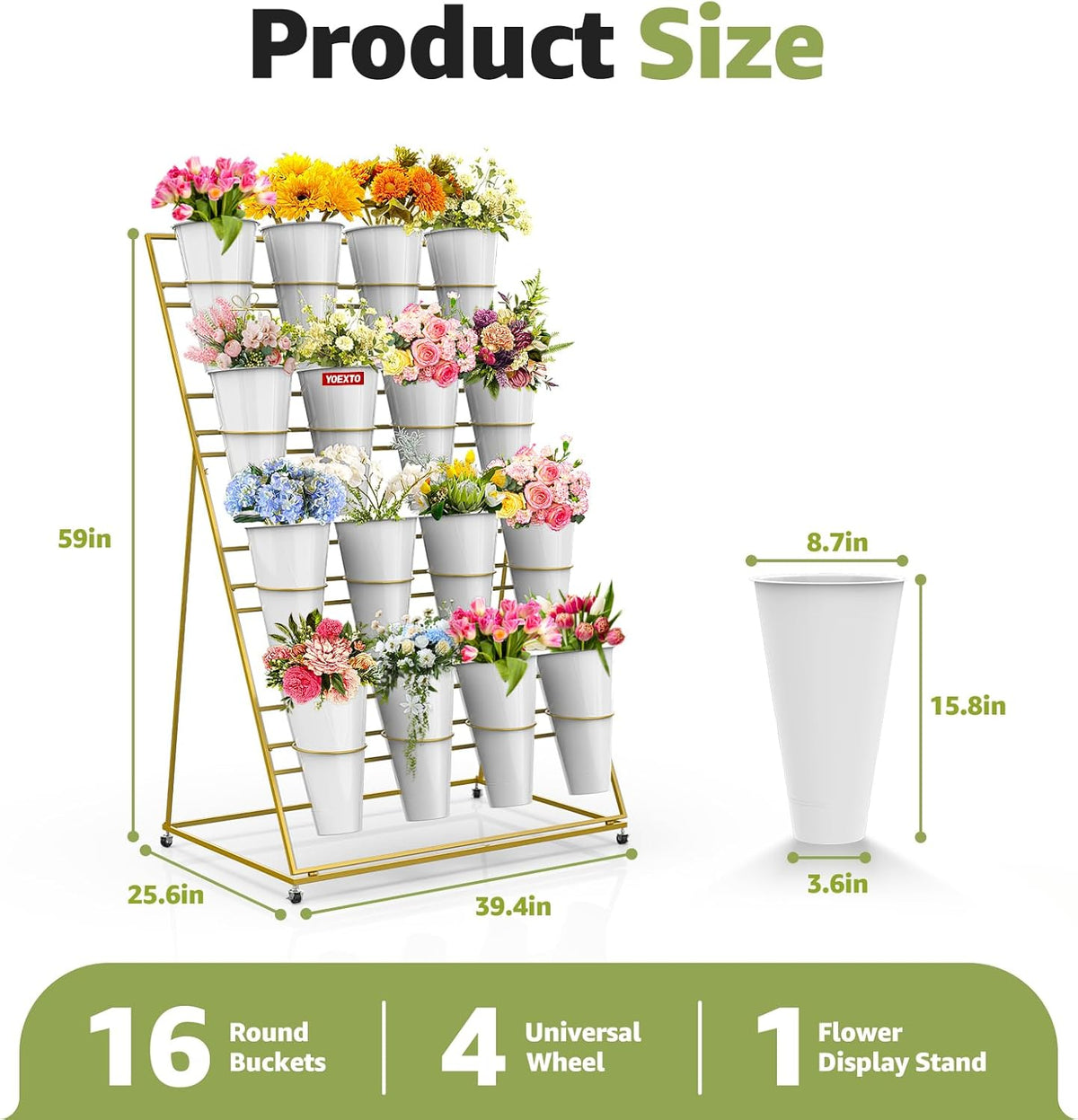 Flower Display Stand 4 Layers with 16 PCS Round Buckets, Plant Stand with Wheels, Movable Metal