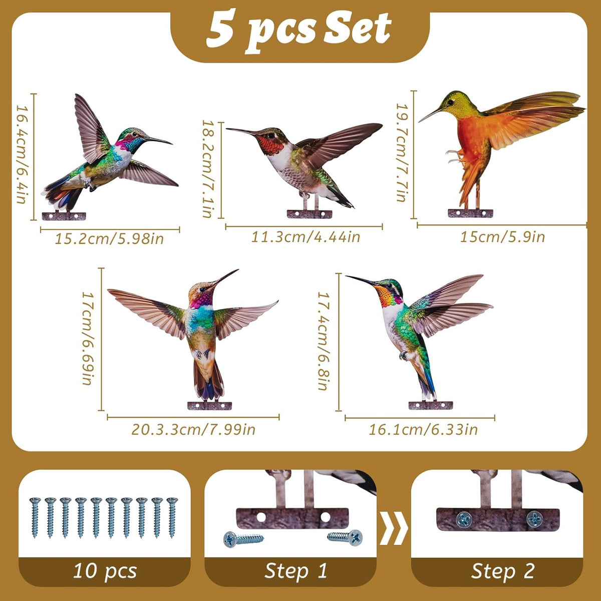 HUYIENO 5PCS Vibrant Metal Bird Decorations Colorful 2D Garden Fence Ornaments for Outdoor Patio &