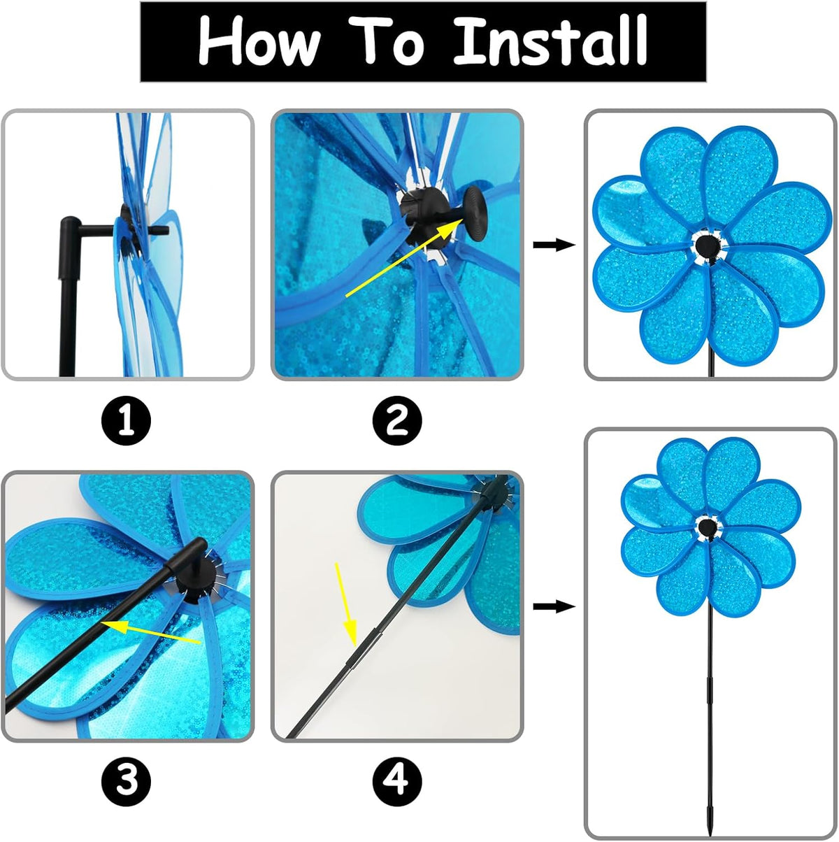 4PCS Flower Wind Spinner Sparkly Lawn Pinwheel 11.8 inch Blue Garden Windmill for Garden, Party
