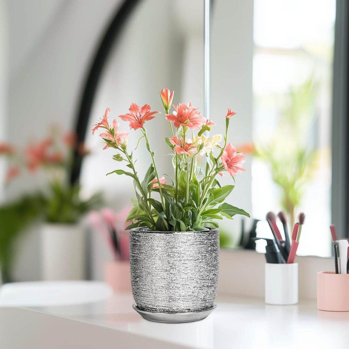 Ceramic Plant Pot 5 Inch - Indoor Planter with Drainage Hole and Saucer, Round Modern Flower Pot