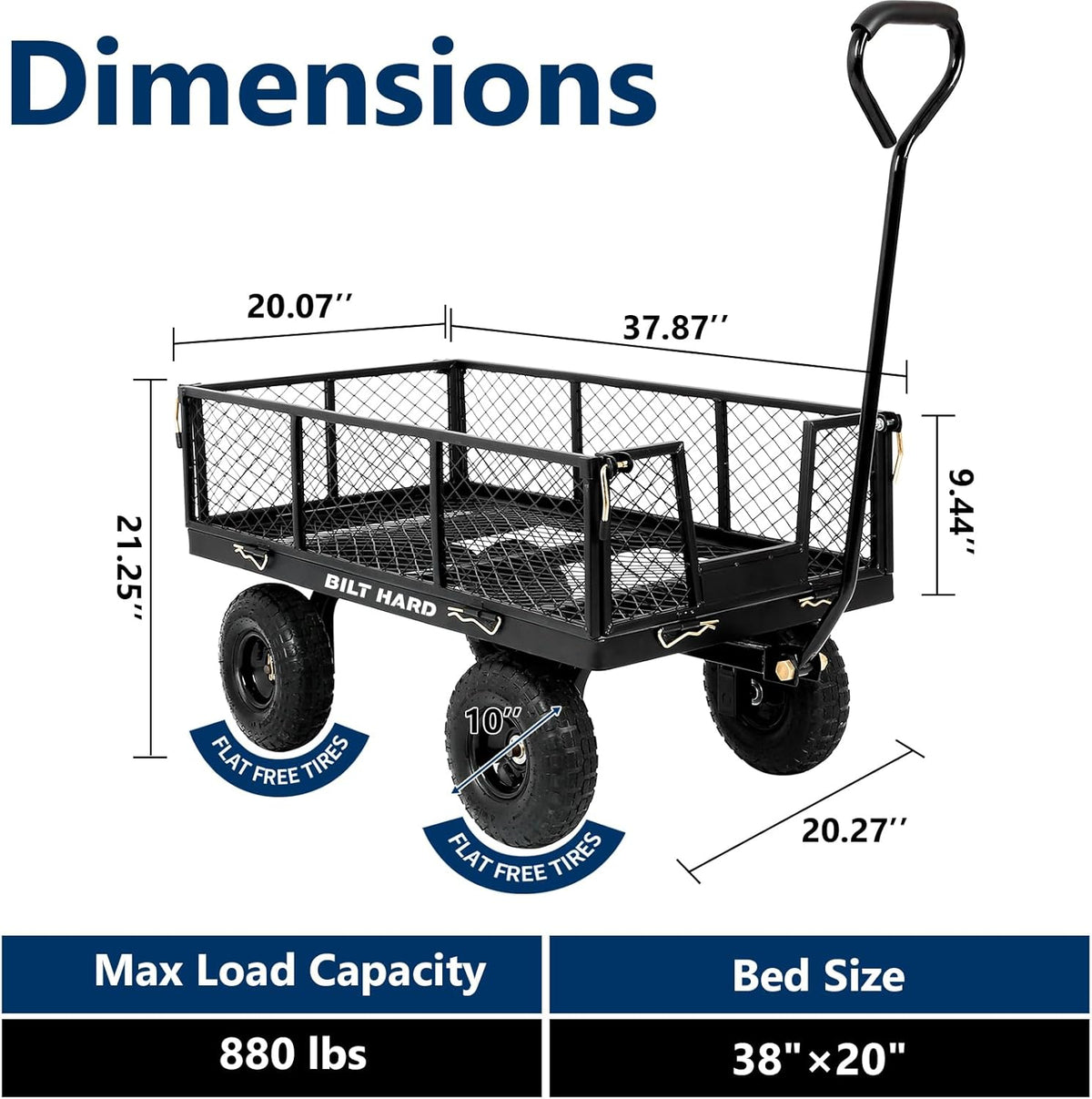 BILT HARD 10" Flat Free Tires Heavy Duty Garden Cart with 180° Rotating Handle and Removable Sides