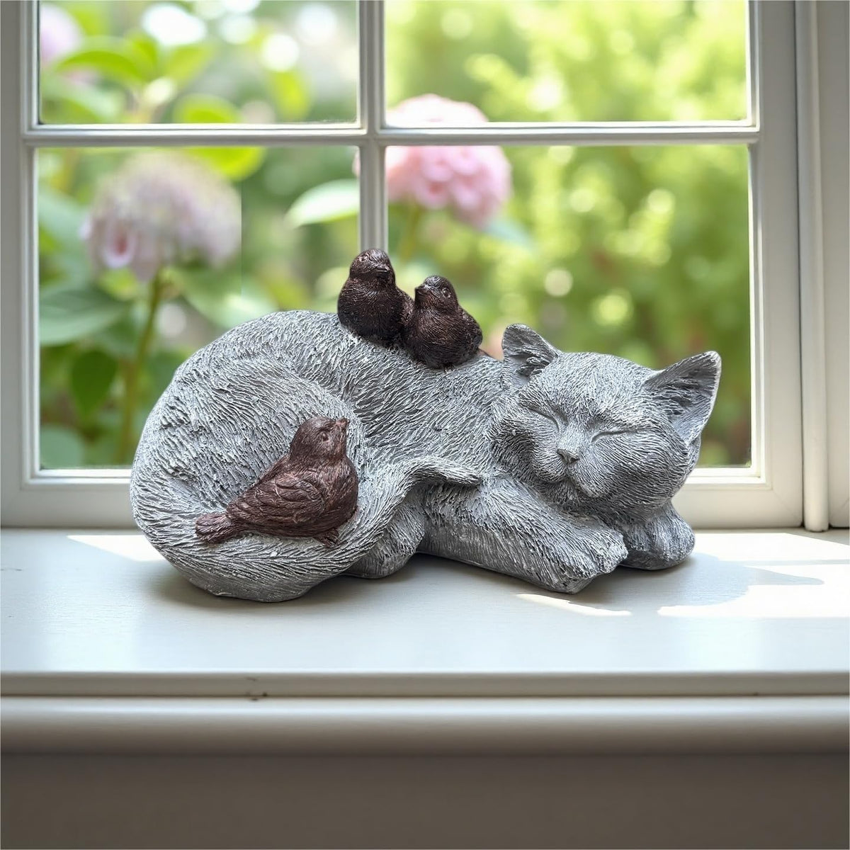 Cat Statue Outdoor Garden Decor - 11.4" Sparrows on Cat Figurine Memorial Grave Markers Garden