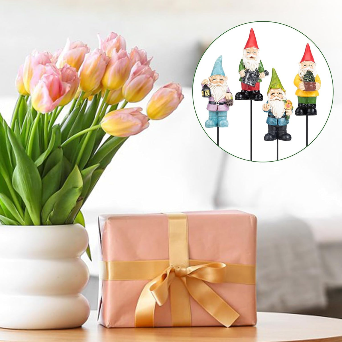 Gnomes Garden Stakes 1.4 Inch Plant Decorations for Pots Indoor Outdoor 4 Pack Miniature Gnomes