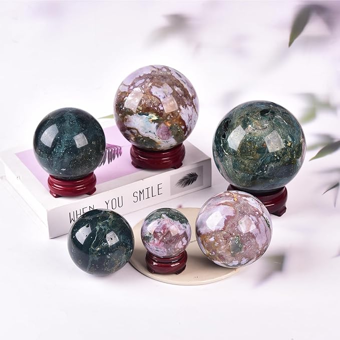 JIC Gem Large Ocean Jasper Crystal Sphere Ball with Wooden Stand Healing Decorative Ball Reiki