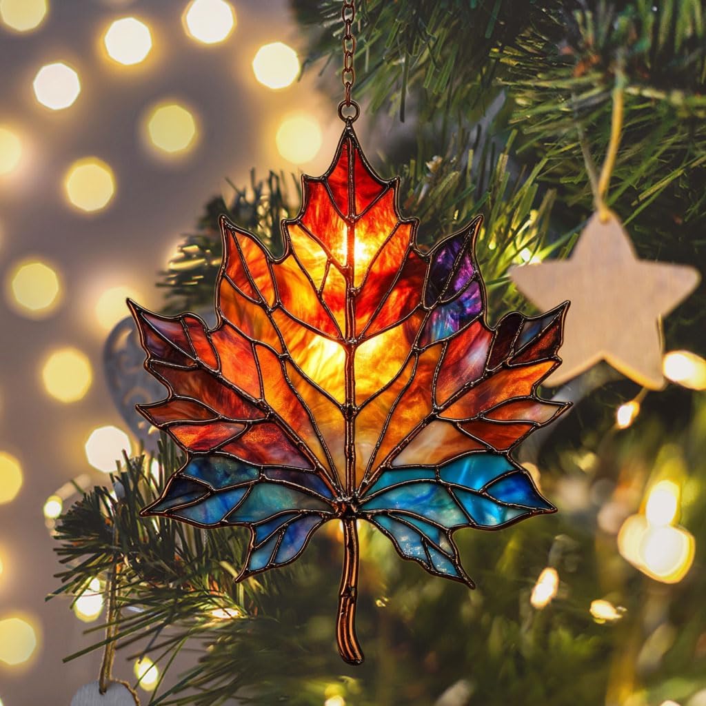 Maple Leaf in Autumn Acrylic Suncatcher Stained Glass Effect Window Car Hanging Christmas Ornament