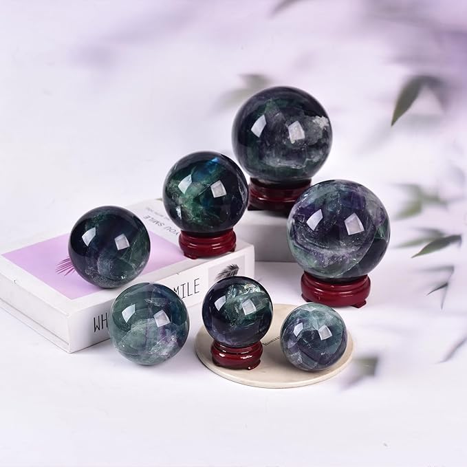 JIC Gem Colorful Fluorite Crystal Ball with Wooden Stand Healing Crystal Sphere Ball for Feng Shui