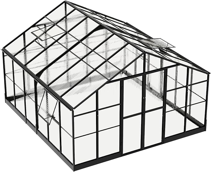Jocisland 12x13.5x9 Polycarbonate Outdoor Aluminum Greenhouse - Quick Connect Fittings, 6.7 FT