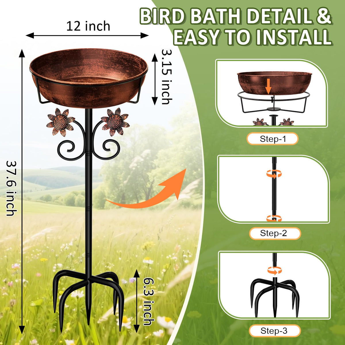 3" Deep Metal Bird Bath for Outside, Removable 12" Dia Vintage Bird Baths Bowl for Outdoors with