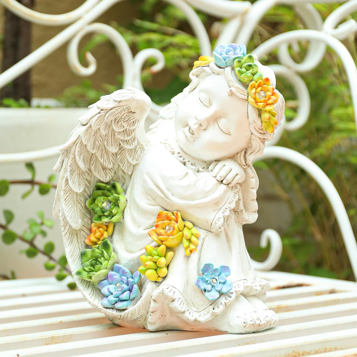 Solar Cherub Angel Outdoor Garden Decor Statues - 8 inches Angel Figurines Outdoor Sculptures with