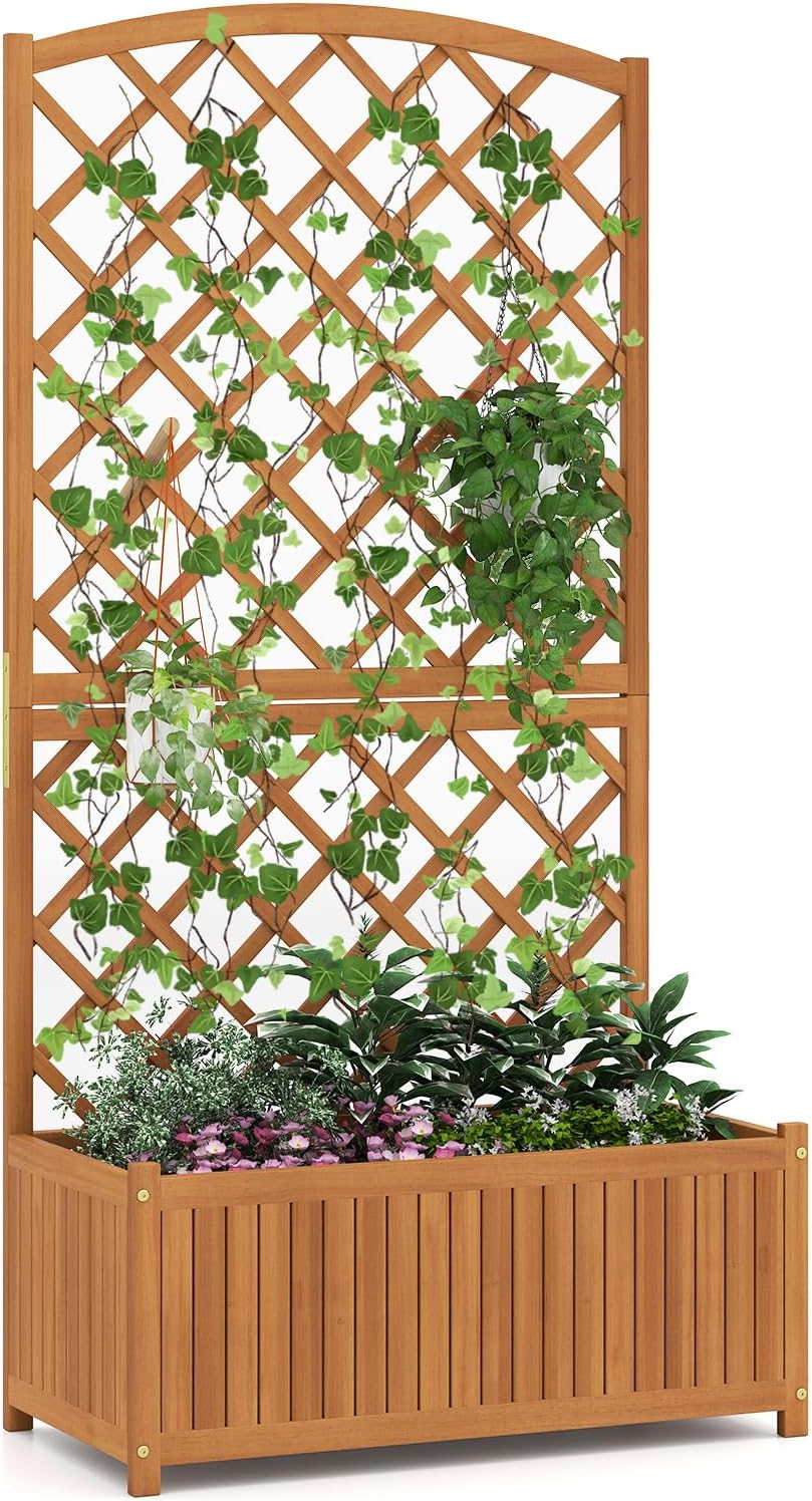 S AFSTAR Wooden Raised Garden Bed with Trellis, 63" Tall Planter Box with Drainage for Vines