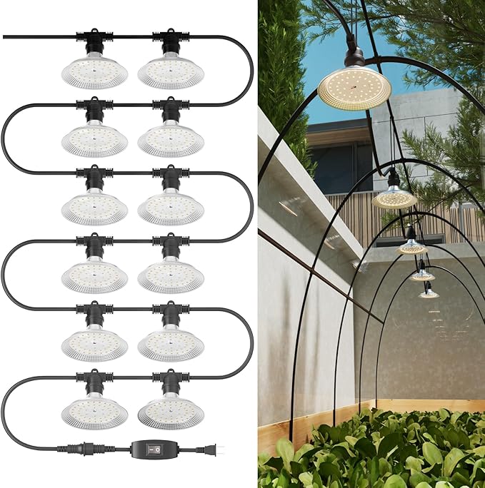 12-Light Outdoor LED Grow Lights – Waterproof Full Spectrum Greenhouse Lights for Plants, 41FT