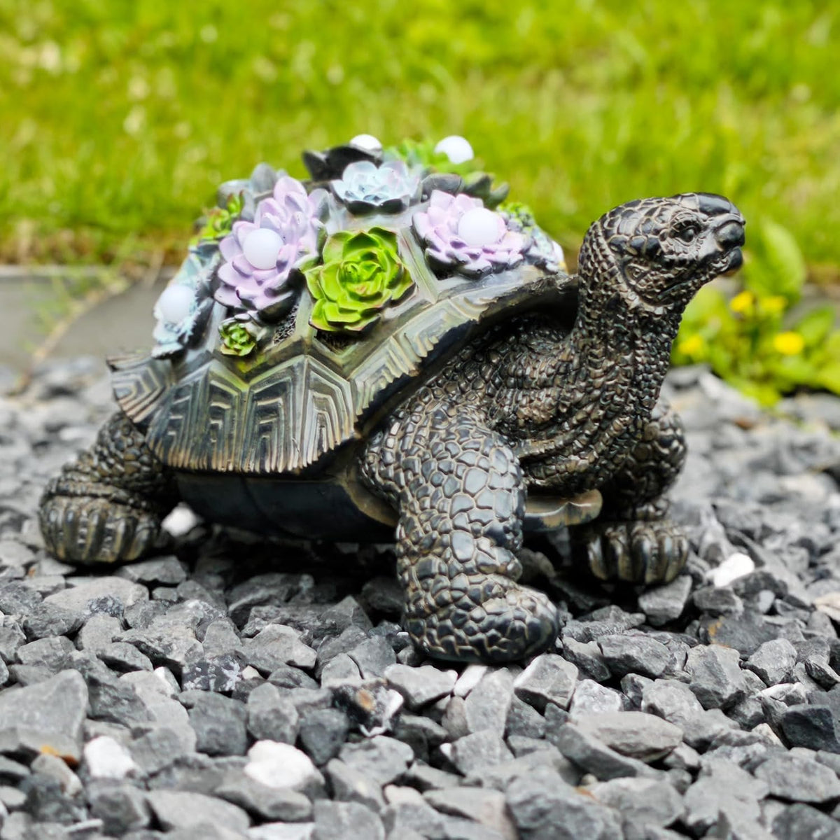 Solar-Powered Succulent Turtle Statue - Resin Garden Decor with LED Lights, Waterproof Outdoor
