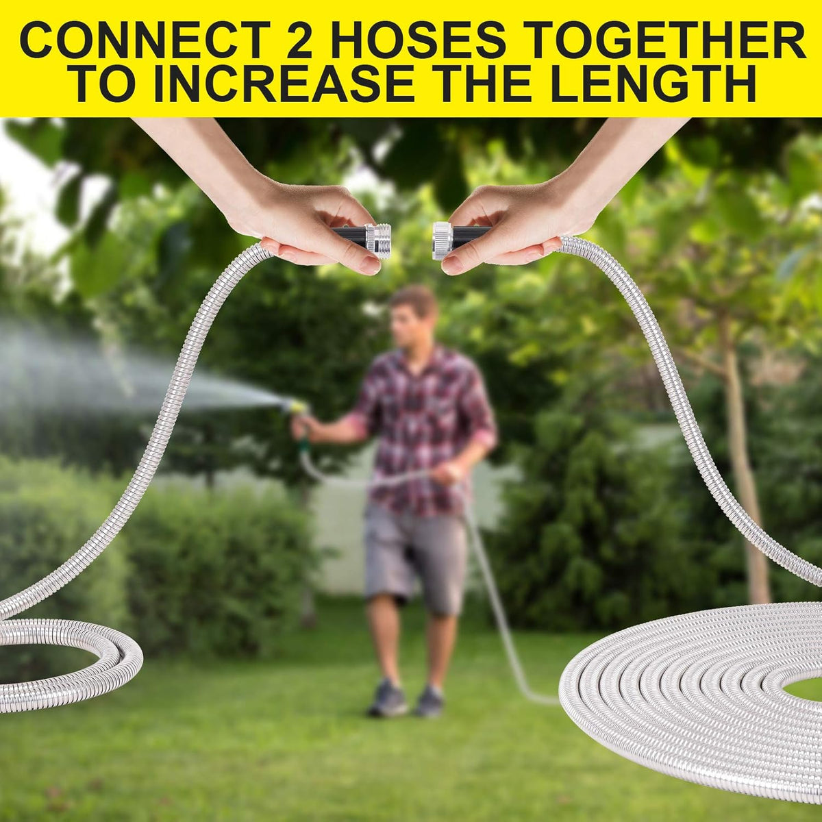FOXEASE Stainless Steel Garden Hose 75 ft - Metal Water Hose with 2 Nozzles, Lightweight, Tangle