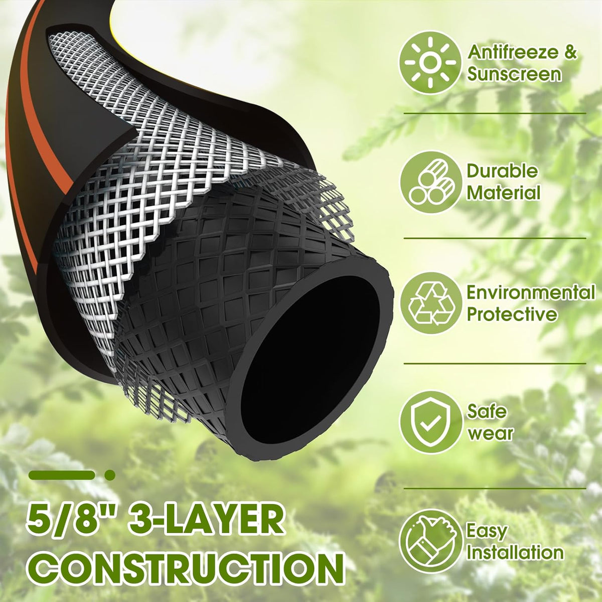 Heavy Duty Garden Hose – 5/8 Inch Flexible, Lightweight Hybrid Hose with 600 PSI Burst Pressure