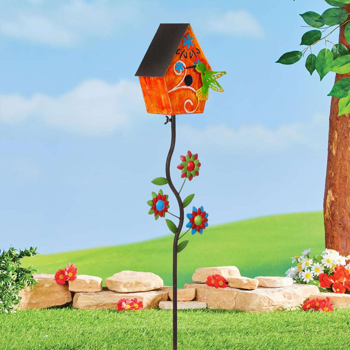 51” Bird Houses Stake for Outside, Metal Wild Bird Feeder Birdhouse Stake Pole with Hummingbird