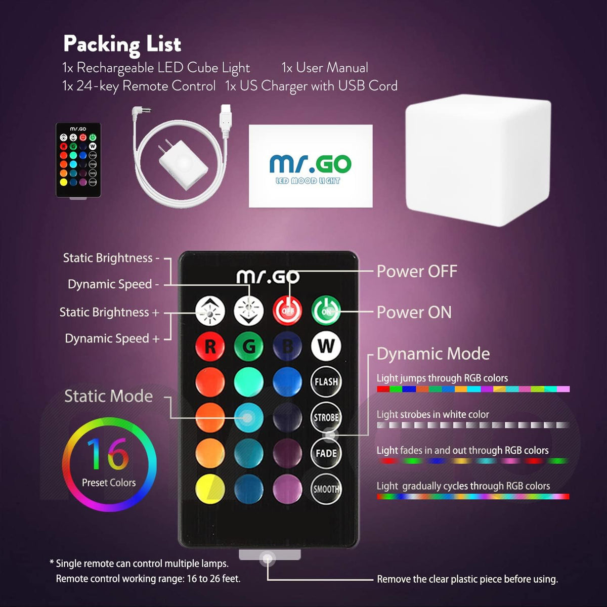 Mr.Go 4-inch Dimmable LED Night Light Mood Lamp for Kids and Adults - 16 RGB Colors - 8 Level