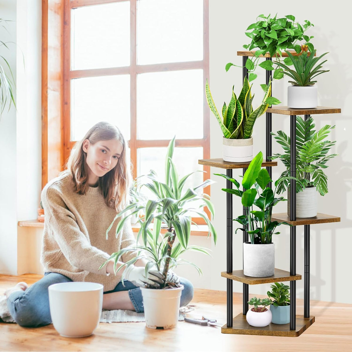6 Tier Wood Tall Plant Stand Metal Rack Indoor, Multiple Flower Pot Holder Shelves Corner Rack