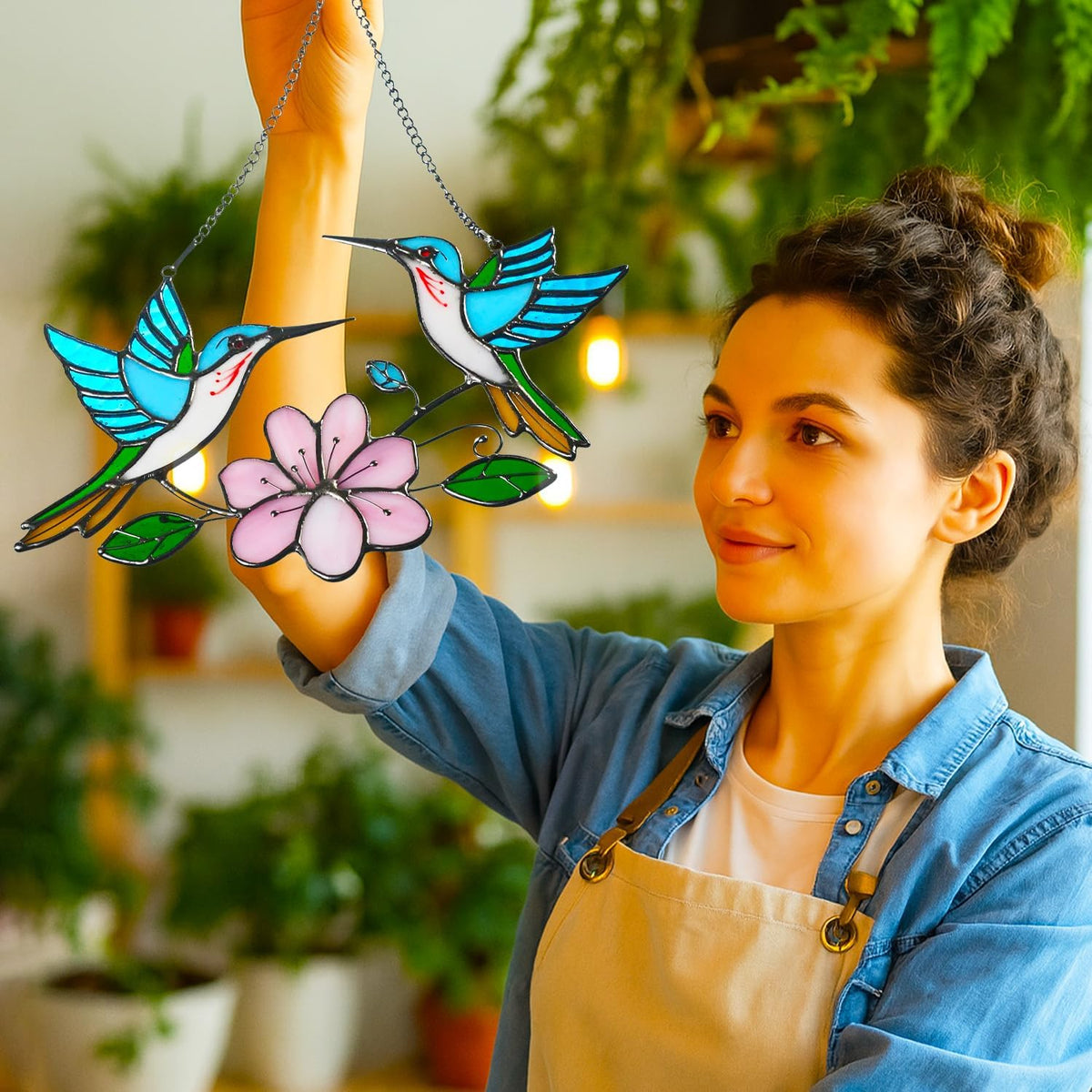 Stained Glass Window Hanging, Duo-Humming Bird Style, Colorful Sun Catcher Panel for Indoor/Outdoor