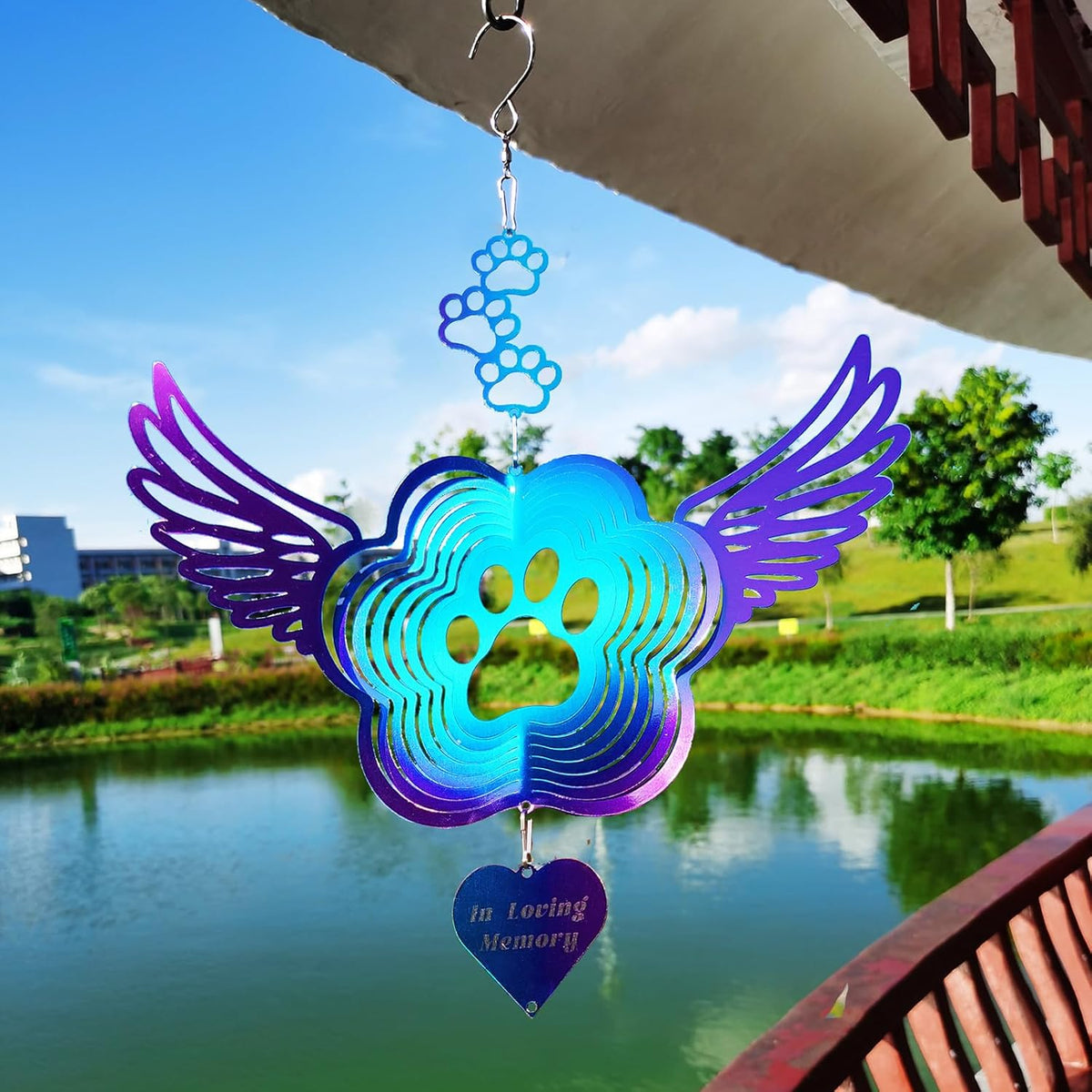 DJUAN Pet Memorial Wind Spinners, Cat Memorial Gifts,Stainless Steel Angel Wings Pet Paw Print,Dogs