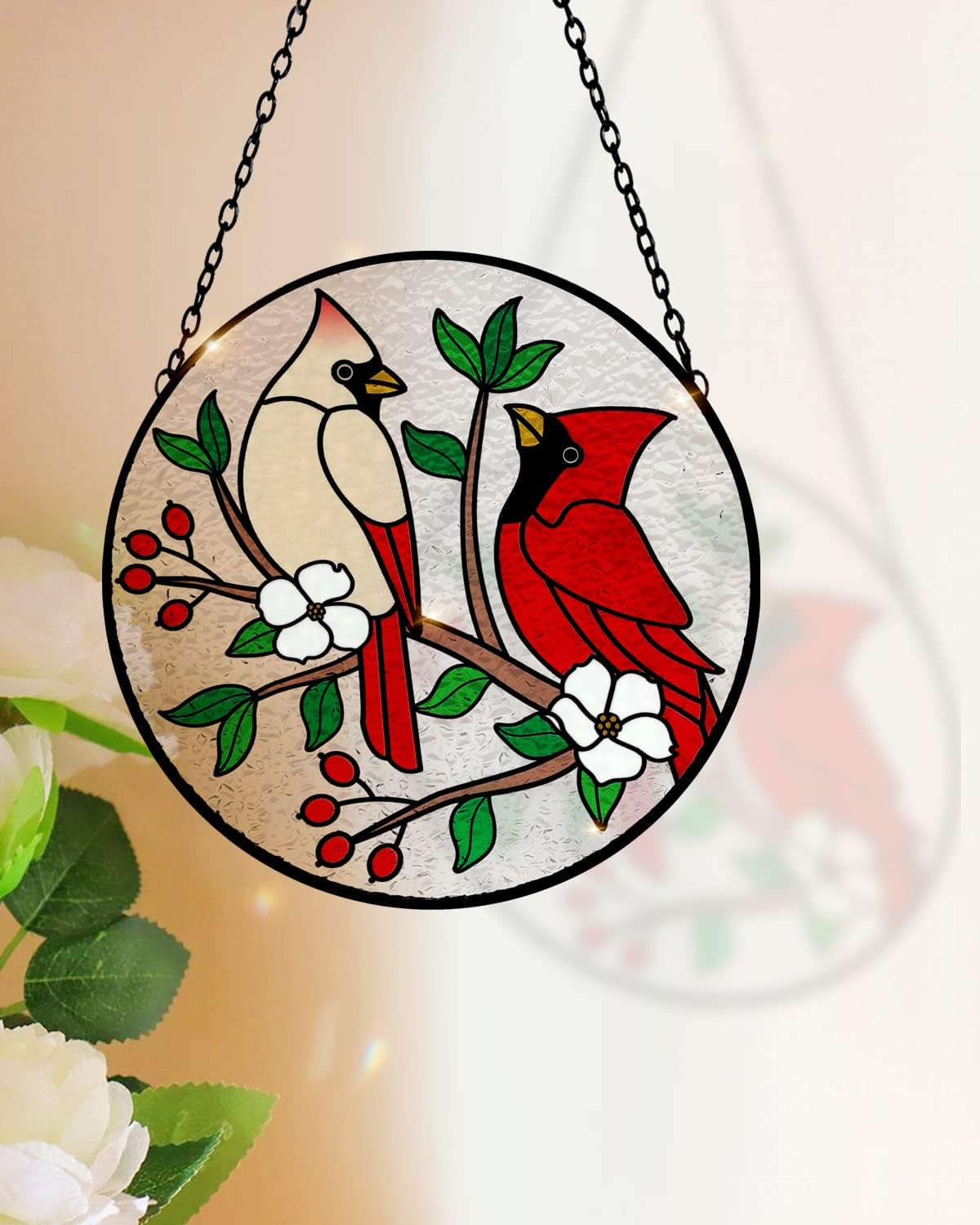 Tuitessine Cardinal Stained Glass Suncatcher - Red Bird Sun Catcher - Hand-Painted Glass Panel