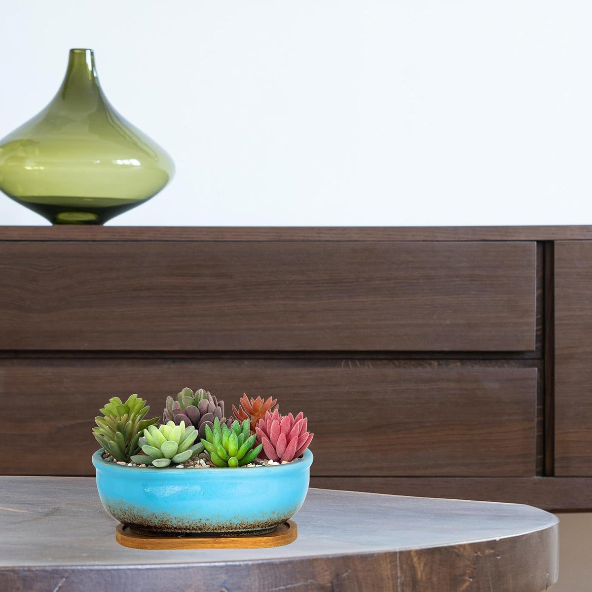 Succulent Pots, 7.9 Inch Long Rectangular Succulent Planters with Drainage Tray, Shallow Planters