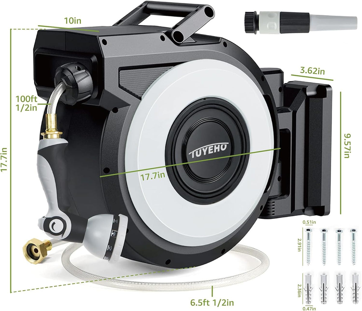 Tuyeho Retractable Garden Hose Reel 100FT, Wall Mount Heavy Duty Water Hose Reels with Automatic