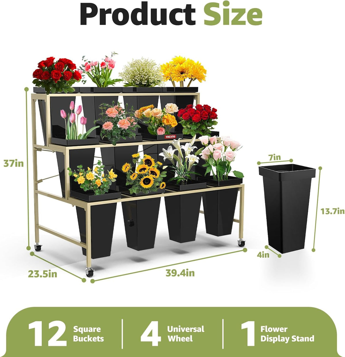 Flower Display Stand 3 Layers with Buckets, 12 PCS Buckets Plant Stand with Wheels, Movable Metal