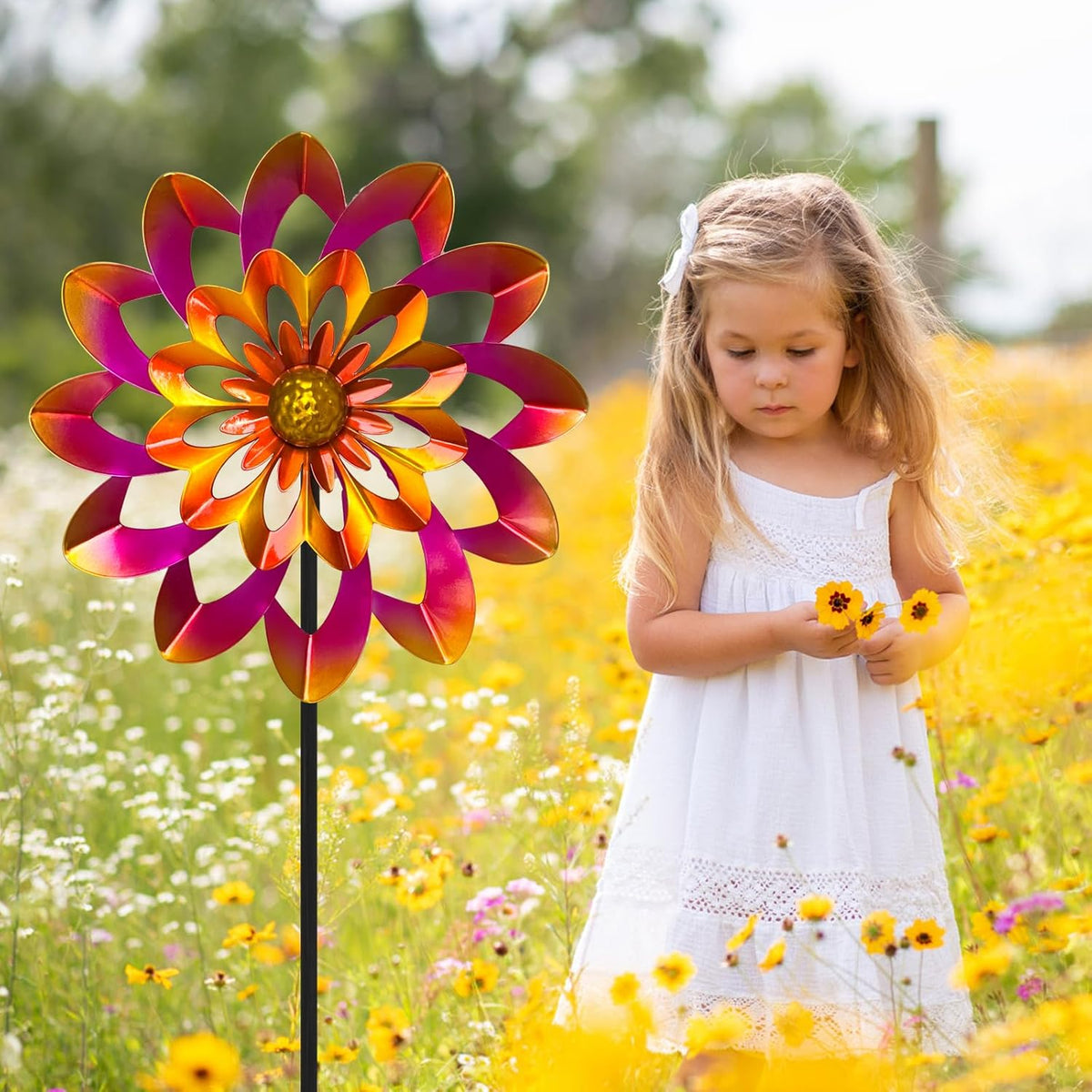 45" Gerbera Wind Spinners for Yard and Garden, Golden Balls Kinetic Wind Spinner Outdoor Decor