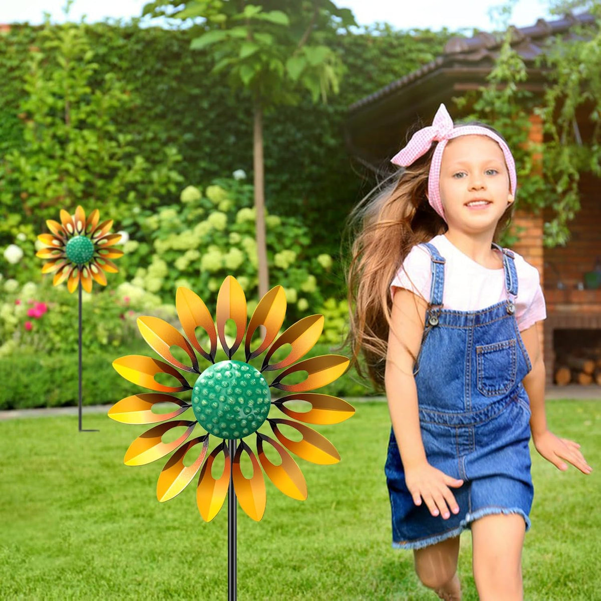 Sunflower Wind Spinners Outdoor, MeyRolizn Metal Pinwheel Wind Sculpture with Stake, Small Windmill