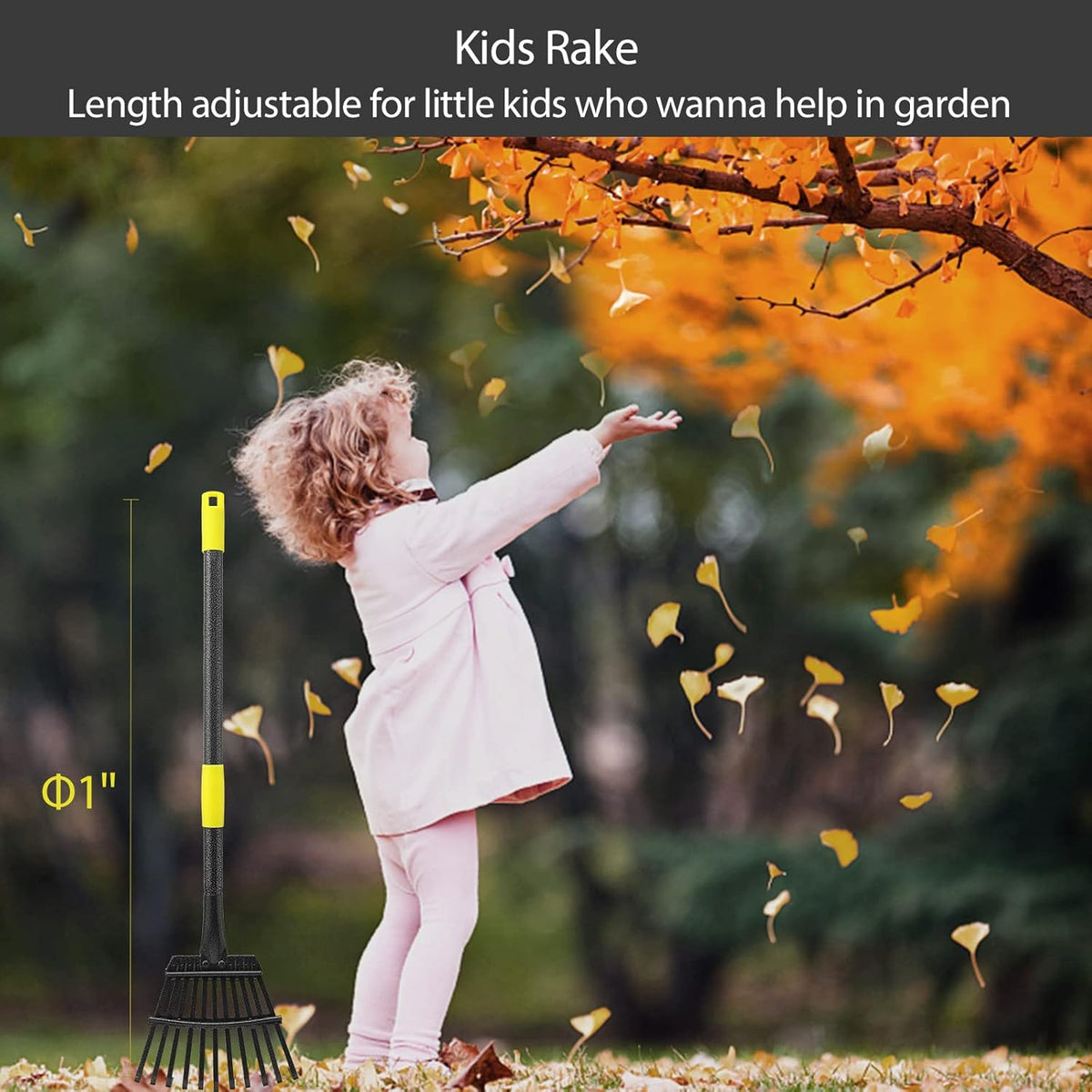 Oliynedy Adjustable Metal Garden Rake for Leaves - Long Handle 30-60", 11 Tines 9" Wide - Small