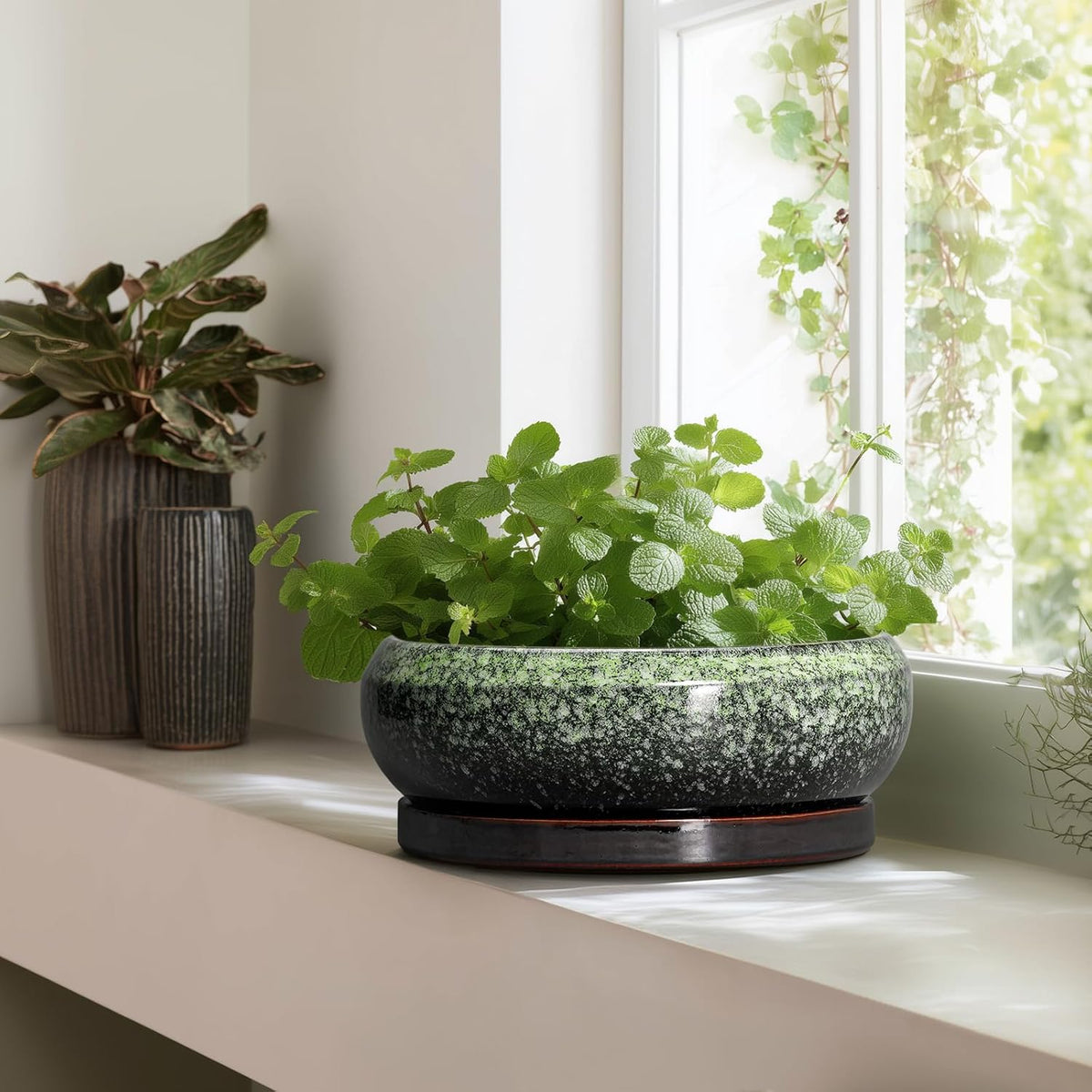 Bonsai Pots - 13 Inch Ceramic Succulent Planters Indoor, Round Shallow Planter with Drainage Hole