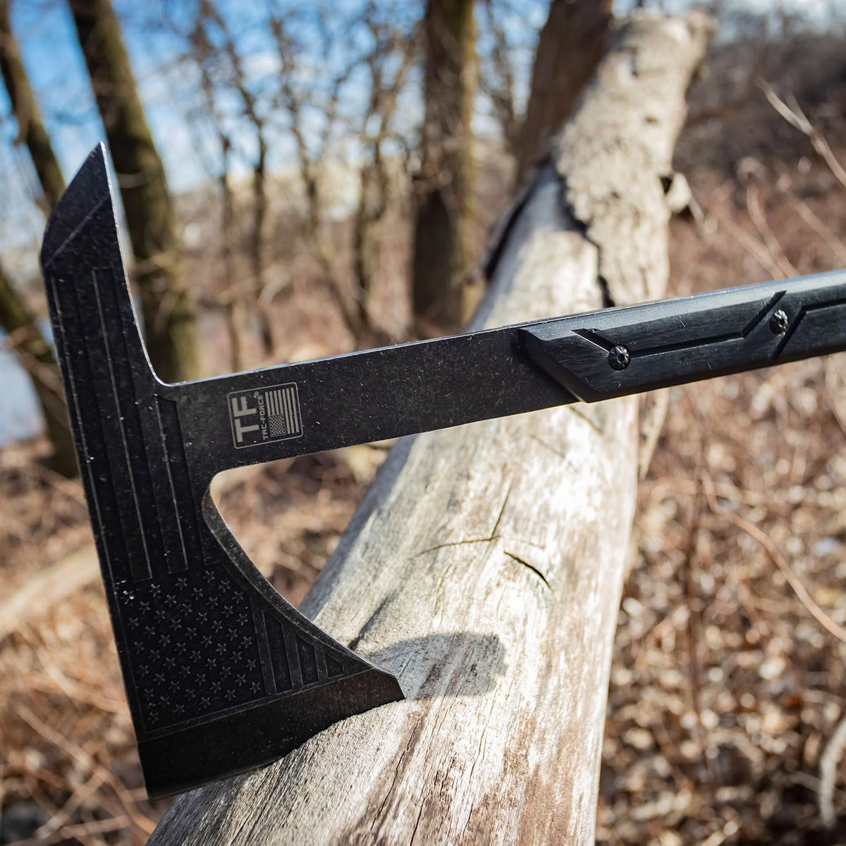 TAC-FORCE Tomahawk – Axe - Stonewash Finish Stainless Steel Blade w/Etched U.S.A. Flag, Black Wood