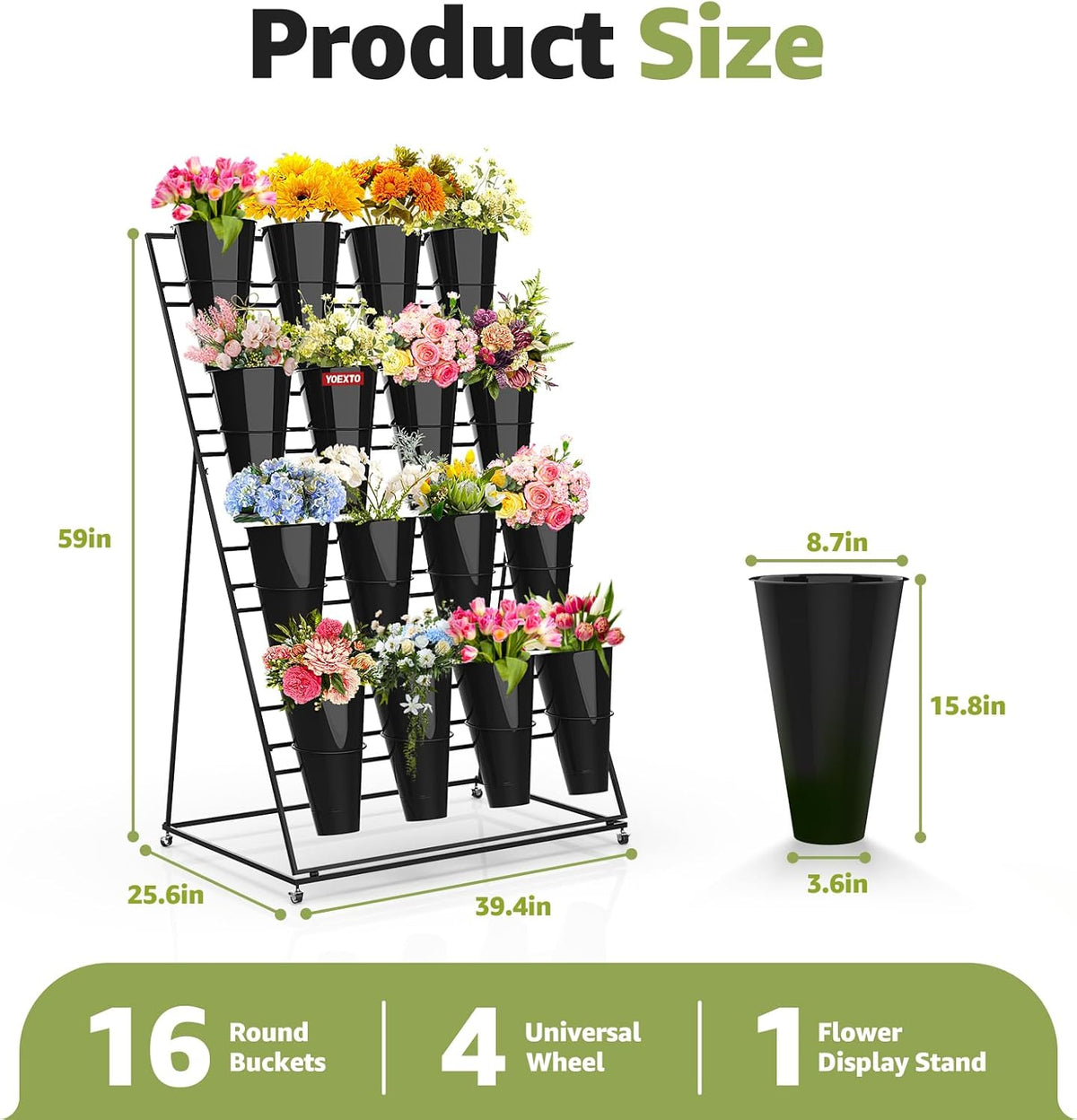 Flower Display Stand 4 Layers with 16 PCS Round Buckets, Plant Stand with Wheels, Movable Metal
