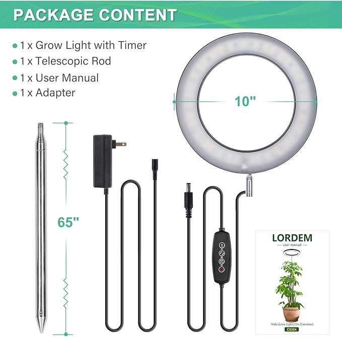 LORDEM 10" Full Spectrum Grow Light, 160 LEDs Plant Lamp for Indoor Plants, Grow Lamp with 4/8/12H