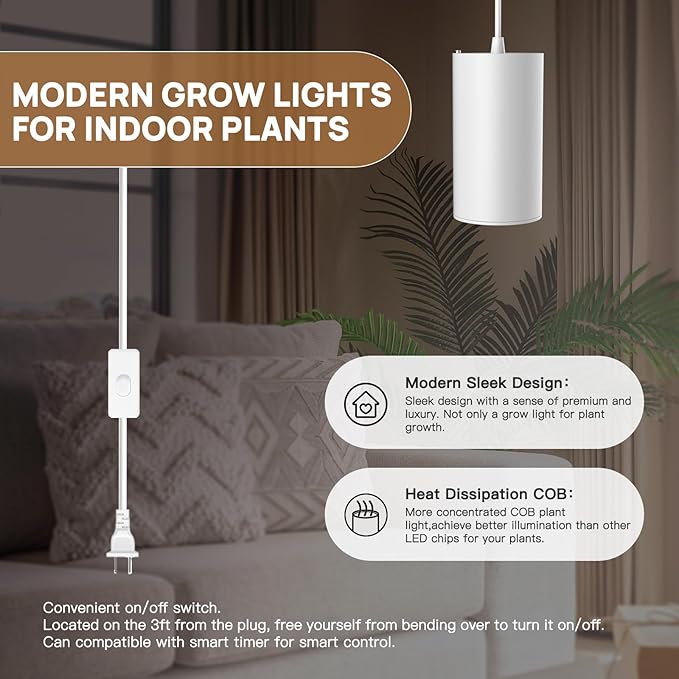 STERREN LED Grow Light, White Plug in Hanging Lights for Indoor Plants, Full Spectrum Grow Lights