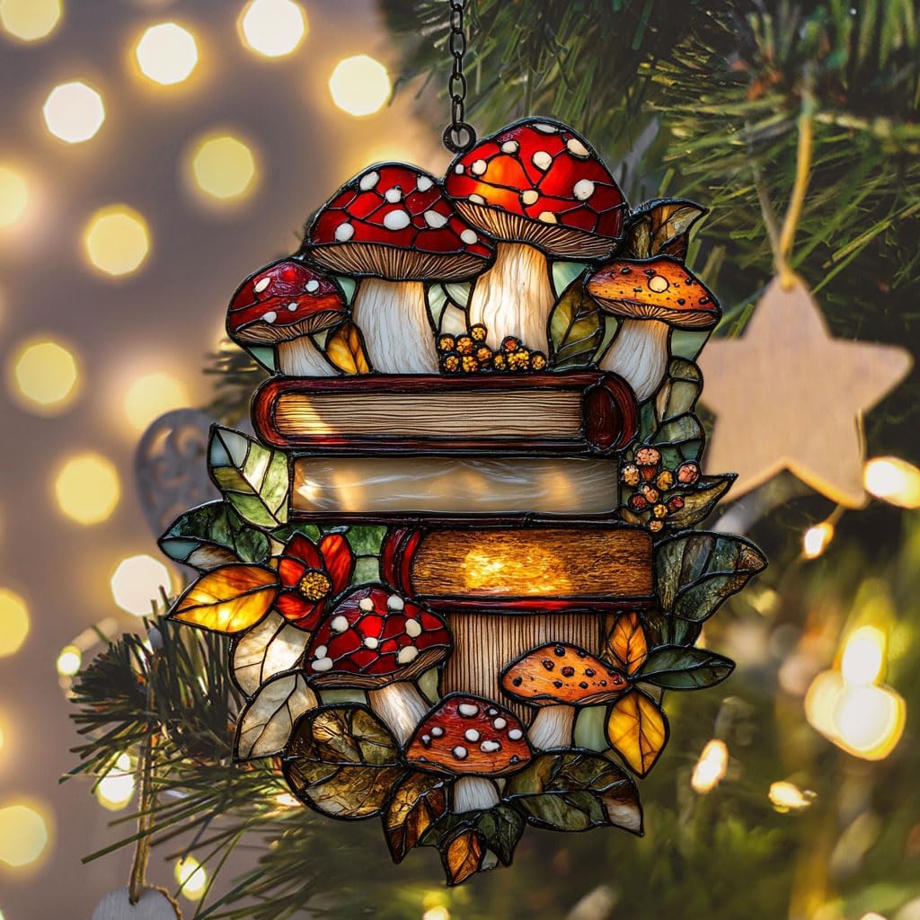 Forest Stack of Books Acrylic Suncatcher Stained Glass Effect Window Car Hanging Christmas Ornament