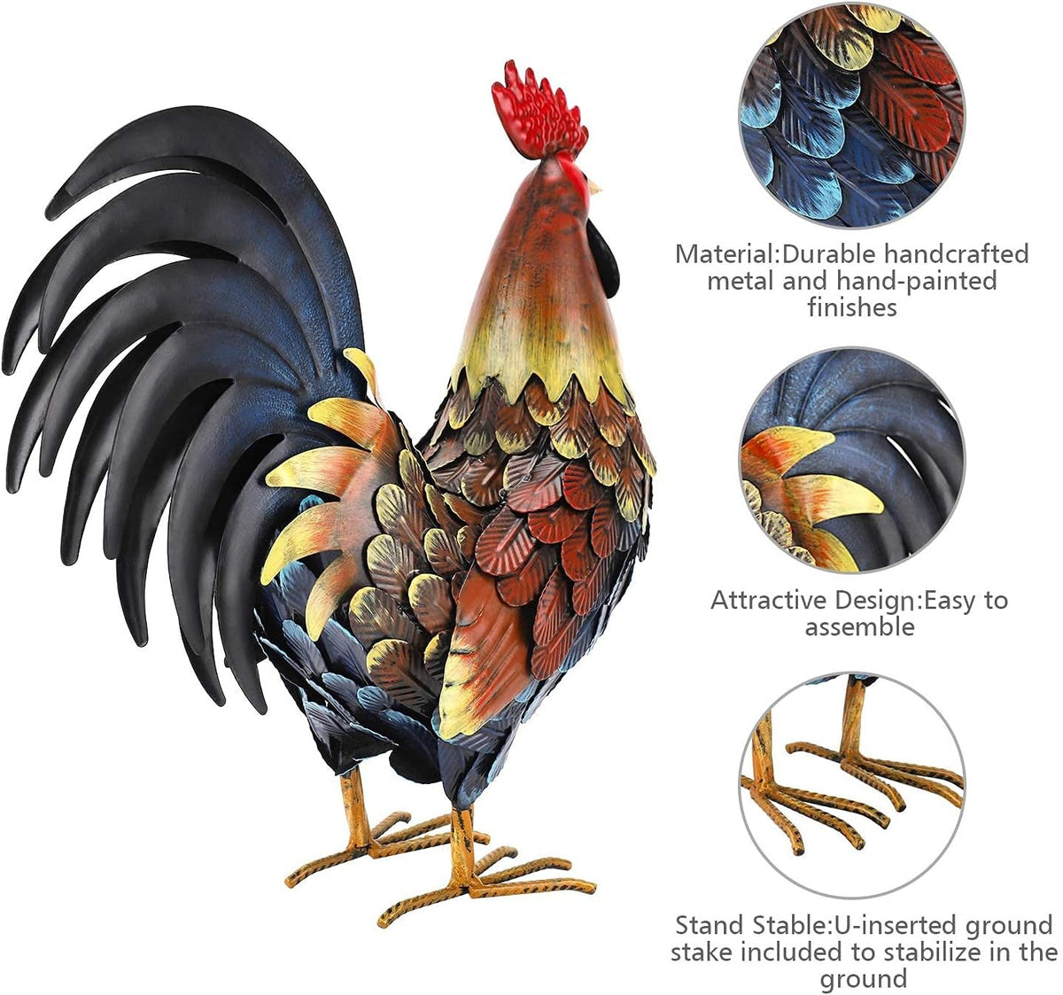 chisheen Rooster Decor Garden Statue Metal Chicken Yard Art Sculpture Outdoor Figurines