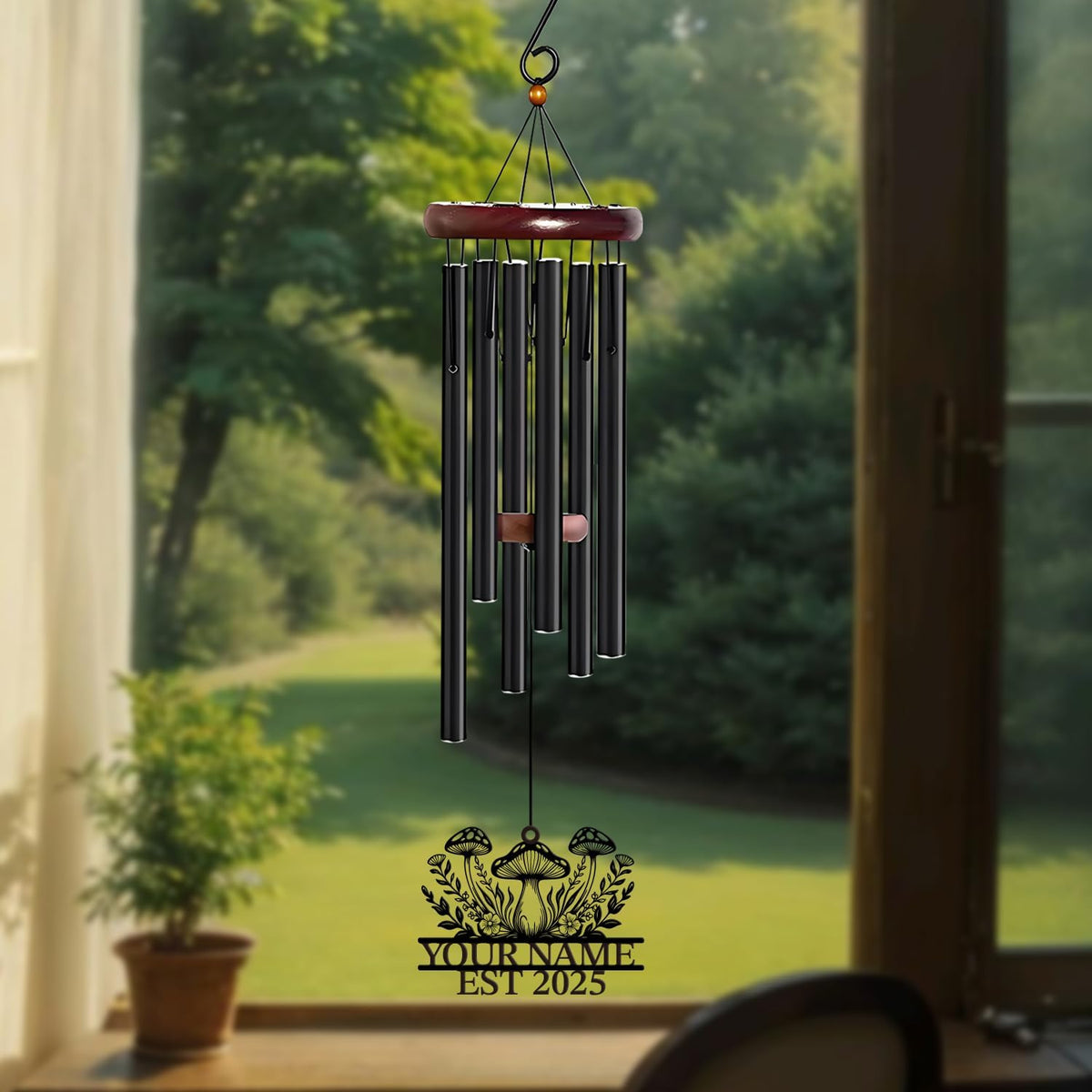 Personalized Customize Name Fantasy Mushroom Wonderland Wind Chime, Metal Iron 37 Inch Outdoor