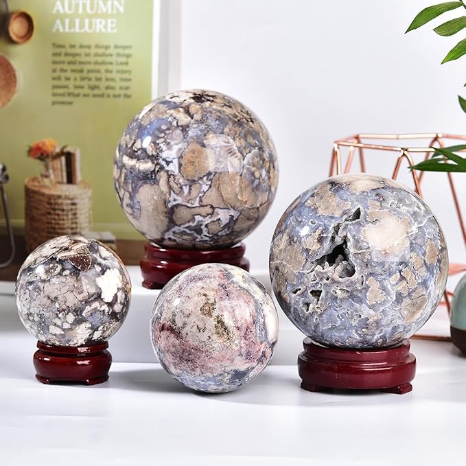JIC Gem Large Blue Cherry Blossom Agate Crystal Ball with Stand Crystal Sphere Natural Sakura