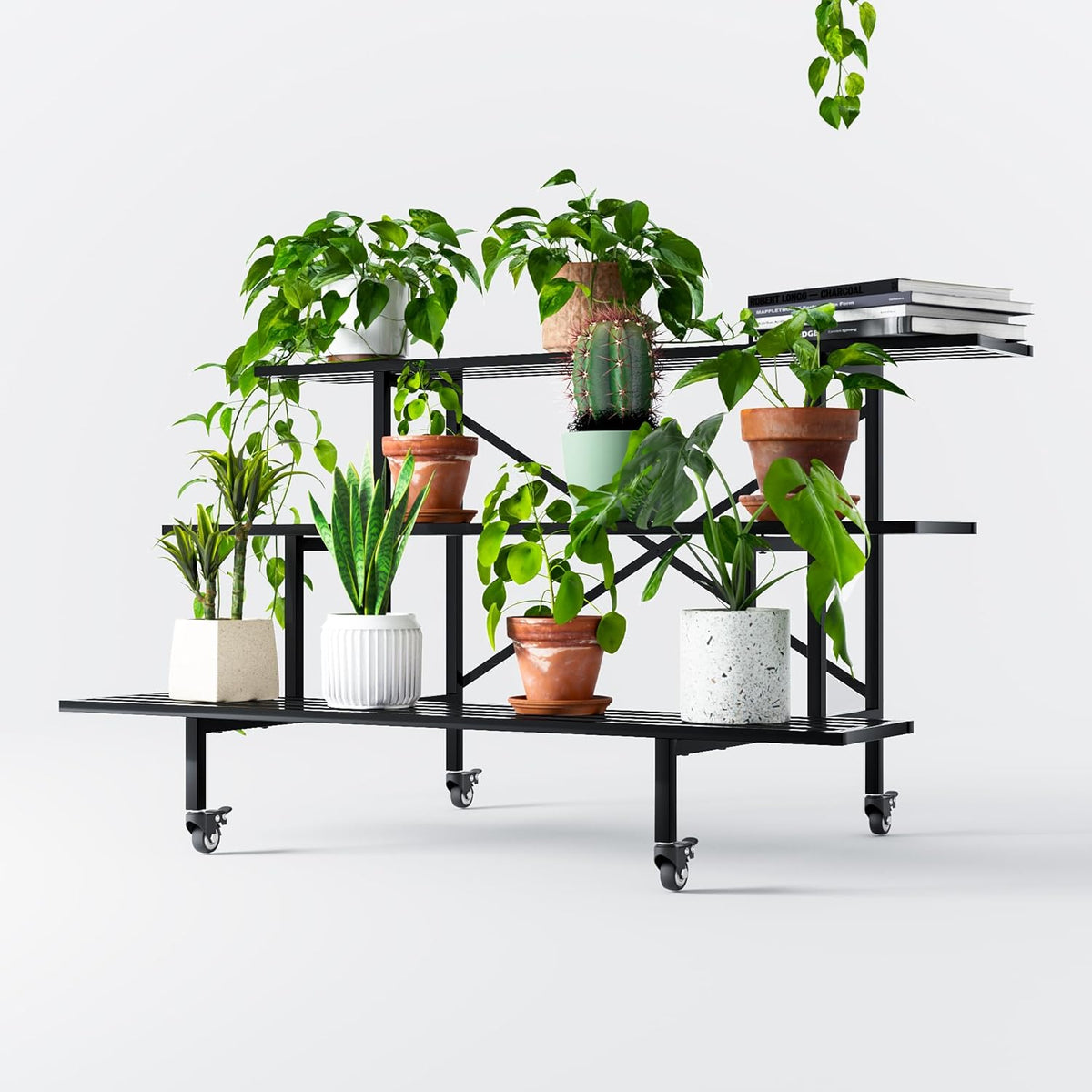 Zhongma 3 Tier Sturdy Metal Plant Stand with Wheels, L45.67 x W26 x H26 inch, Heavy Duty Plant