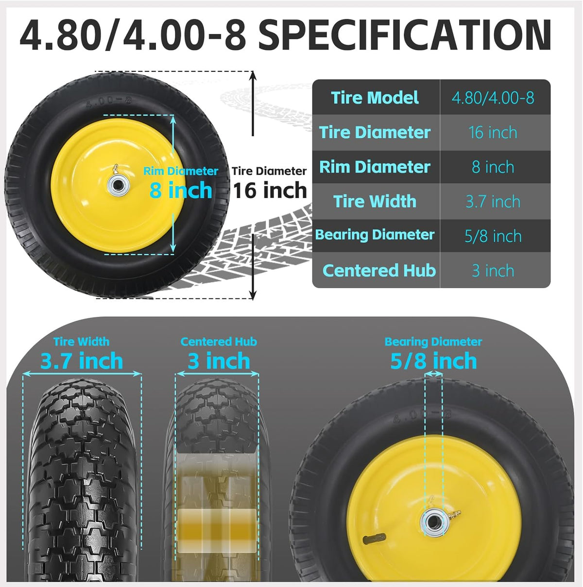 16" 4.80/4.00-8" Flat-Free Solid Wheelbarrow Wheel and Tire, 3"-7"Centered Hub with 5/8"&3/4"