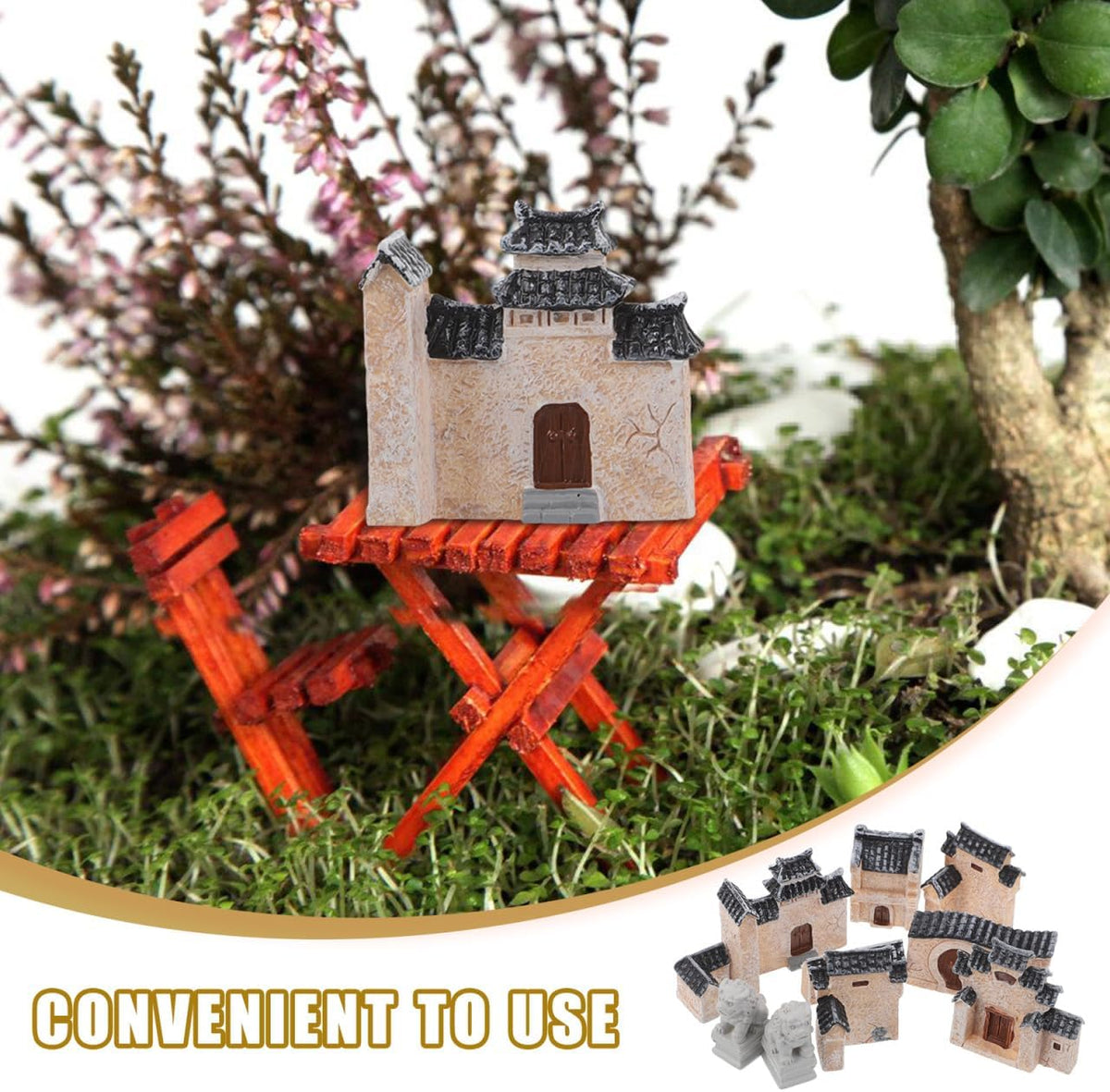 DECHOUS 10Pcs Miniature Village House: Resin Miniature Fairy Garden Houses with Chinese Stone Lion
