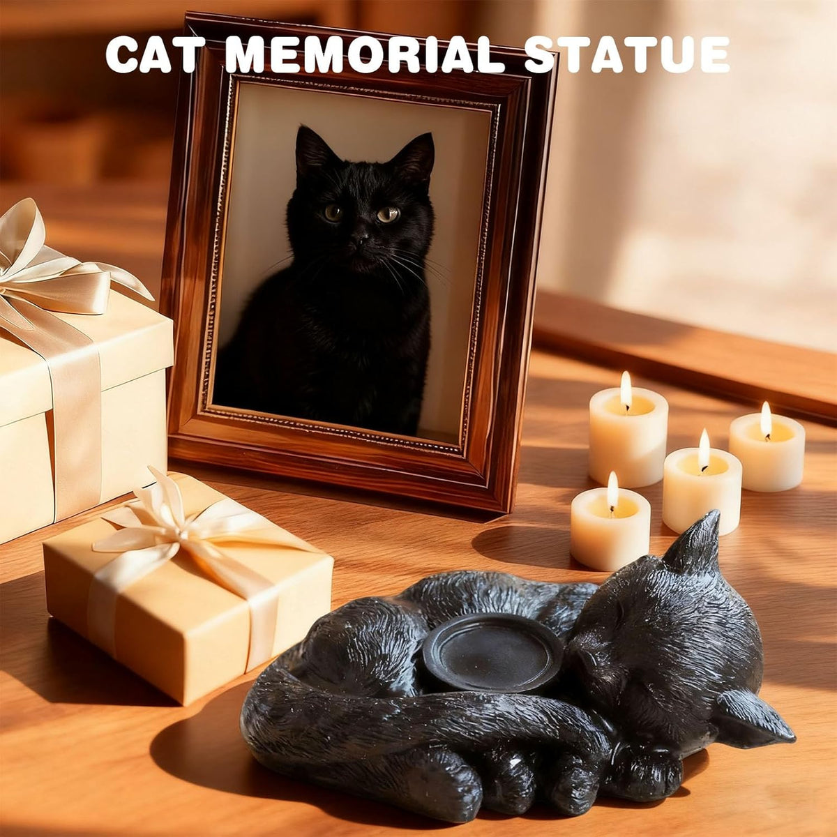 Sleeping Cat Candle Holder Statue Realistic Resin Cat Figurine with Candle Tray Outdoor Garden