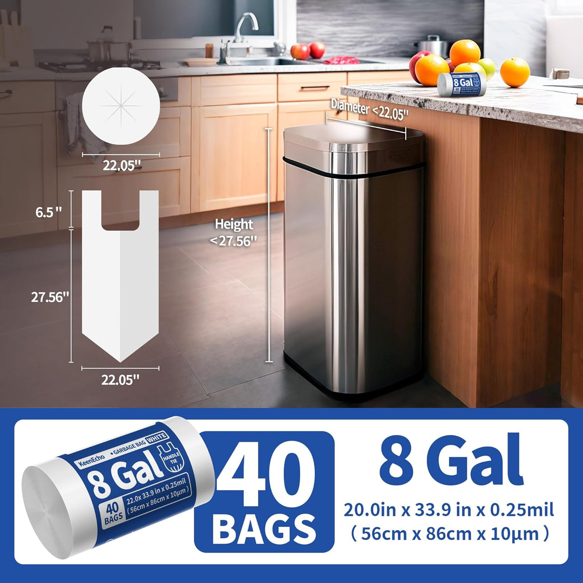 Small Trash Bags with Handles 8 Gallon 40 Count White - Ocean Plastic Upcycling - Plastic Garbage