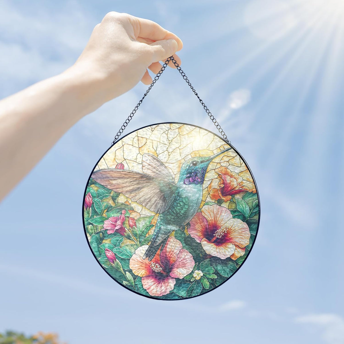 FLAGWIX Christmas Hummingbird Gifts for Women Men - Stained Glass Window Hanging 10 in - Sun