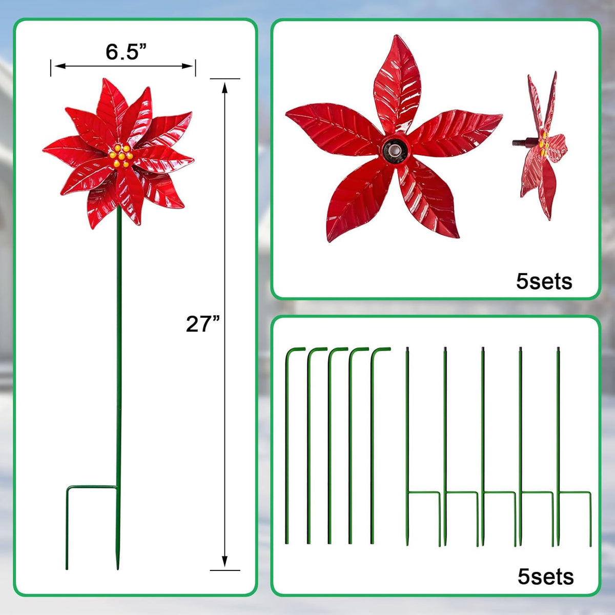 5 Pack Metal Poinsettia Wind Spinners for Garden,Outdoor Lawn Ornaments,Christmas Yard