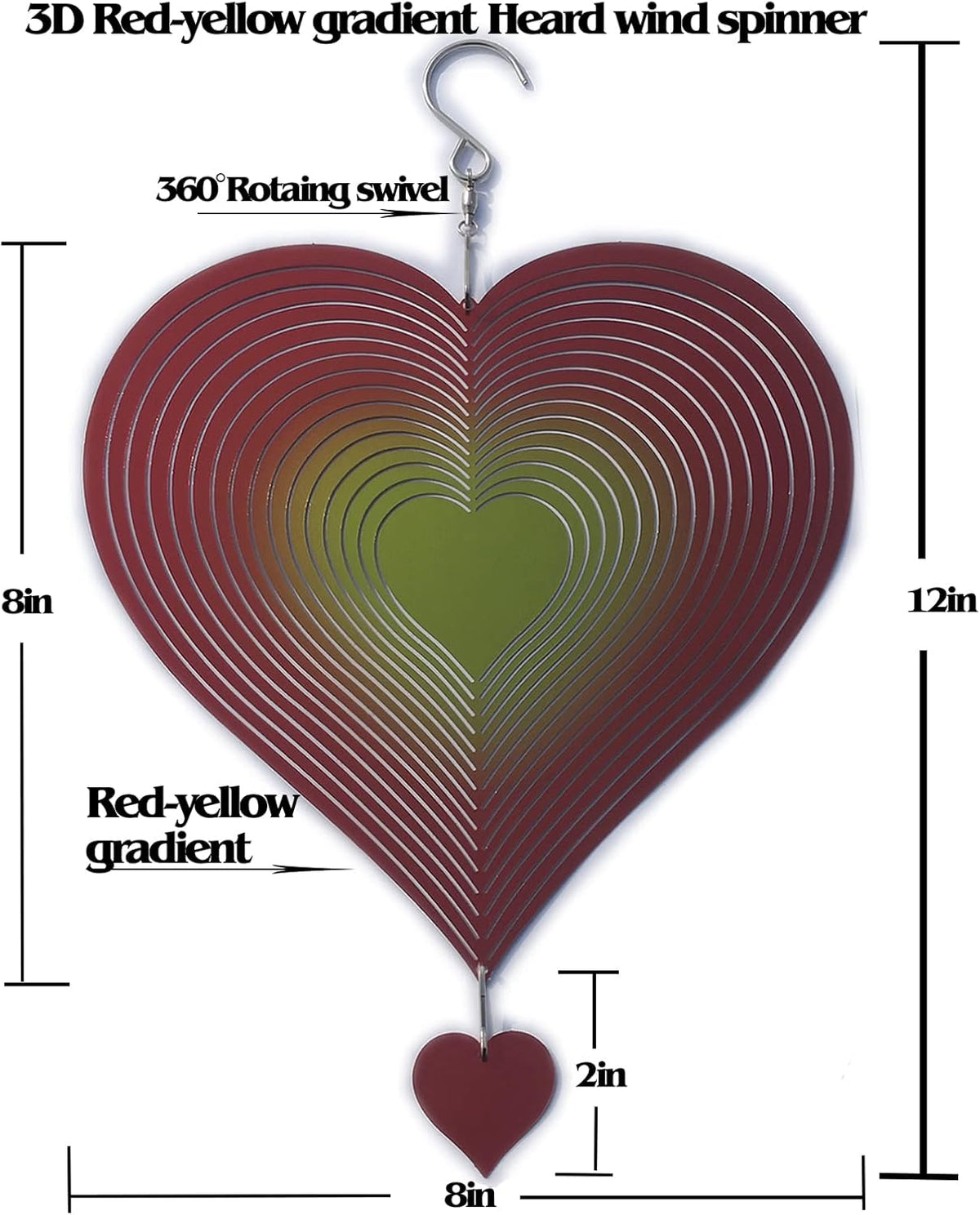 DJUAN Wind Spinner Red-Yellow Gradient Love Heart 3D Metal Hanging Wind Spinners Worth Gift