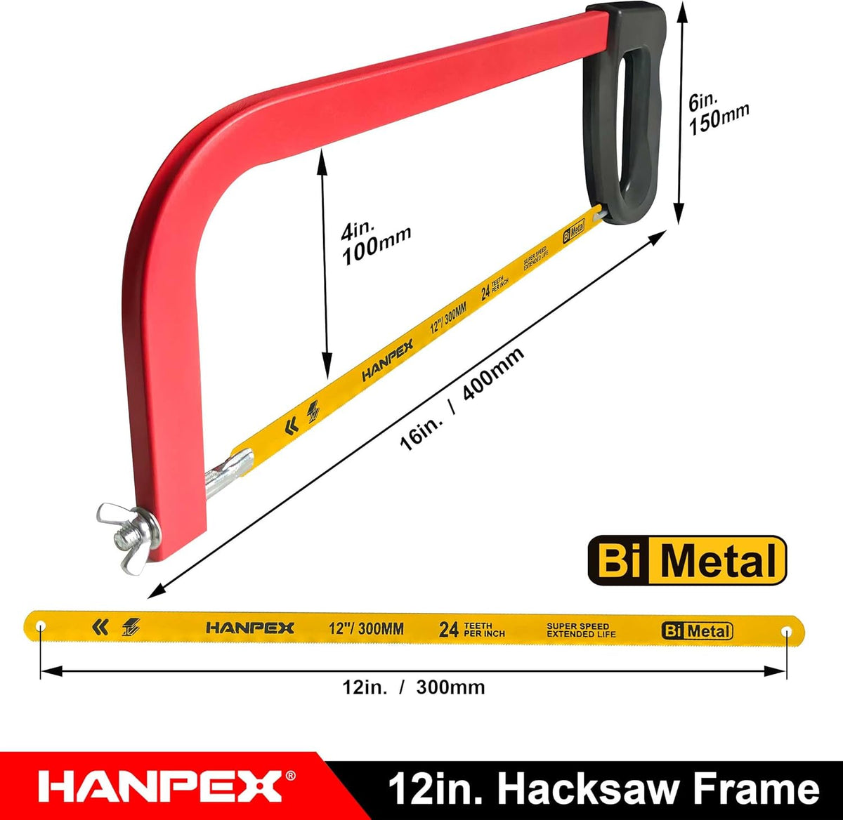 12in. High-Tension Hacksaw Frame with 24 TPI Bi-metal Blade, Hand Saw Suitable for Metal, wood
